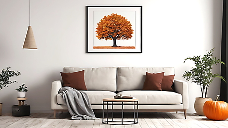 Modern eingerichtetes Wohnzimmer, mit Deckenleuchte, großformatigem Wandbild, Couch mit Kissen, Decke und Couchtisch