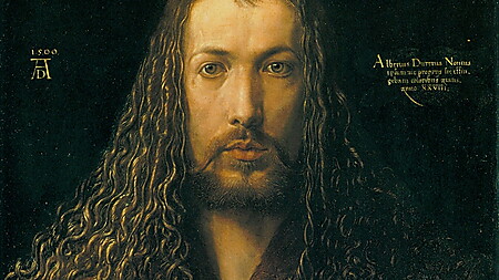 Albrecht Dürer blickt in seinem frontal angelegten Selbstbildnis von 1500 direkt aus dem Bild und hält eine Hand vor seinen pelzbesetzten Rock.