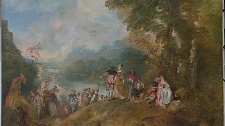 Antoine Watteaus „Einschiffung nach Kythera“ mit elegant gekleideten Paaren, einer Venusstatue und schwebenden Putten in einer Landschaft.