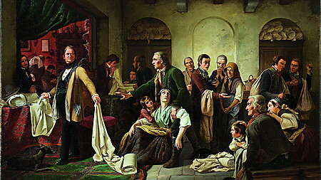 Carl Wilhelm Hübners Gemälde zeigt verarmte schlesische Weberfamilien, die einem wohlhabenden Tuchhändler ihre Stoffbahnen zur Prüfung vorlegen.