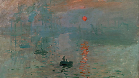 Claude Monets „Impression, Sonnenaufgang“ zeigt Ruderboote und eine orangefarbene Sonne im nebligen Hafen von Le Havre.