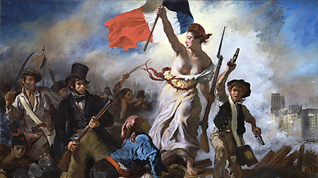 Delacroix’ Gemälde „Die Freiheit führt das Volk“: Eine Frau mit Trikolore führt Aufständische über eine Barrikade.