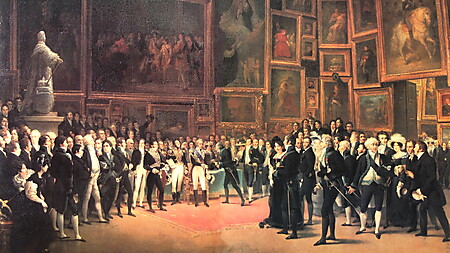 König Karl X. zeichnet im dicht behängten Salon Carré des Louvre Künstler aus, Gemälde von François-Joseph Heim aus dem Jahr 1827.