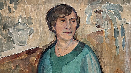 Alt-Text: Expressionistisches Porträt der Künstlerin Gabriele Münter, 1920 gemalt von Agnes Cleve.