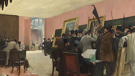 Henri Gervex’ Gemälde zeigt die Jury des Pariser Salons, die mit erhobenen Stöcken und Schirmen über eingereichte Kunstwerke abstimmt.