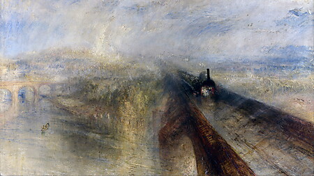 Dampflokomotive auf einer Eisenbahnbrücke, umgeben von Regen und Dunst, in einem Gemälde von William Turner.