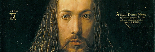 Albrecht Dürer blickt in seinem frontal angelegten Selbstbildnis von 1500 direkt aus dem Bild und hält eine Hand vor seinen pelzbesetzten Rock.