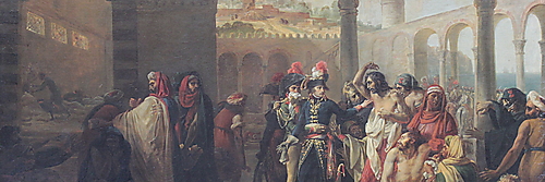 Antoine-Jean Gros’ Gemälde Bonaparte besucht die Pestkranken von Jaffa mit Napoleon im Zentrum eines überfüllten Lazaretts