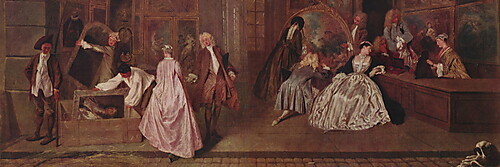 Breiter Einblick in einen Kunstladen: Elegant gekleidete Menschen betrachten zahlreiche Gemälde, während links ein Arbeiter ein Porträt Ludwigs XIV. in eine Kiste verpackt.
