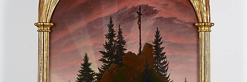 Caspar David Friedrichs Tetschener Altar mit einem Kruzifix auf einem bewaldeten Felsen vor dem rötlichen Abendhimmel