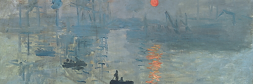 Zwei dunkle Ruderboote fahren durch den blaugrauen Hafen von Le Havre, während eine orangefarbene Sonne über Schiffsmasten und Kränen aufgeht.