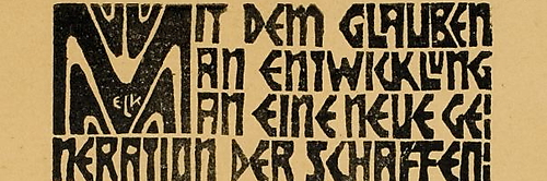 Schmaler schwarzer Holzschnitttext in kantigen Großbuchstaben auf hellem Papier; oben links steht Kirchners Monogramm ELK.