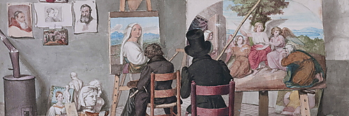 Bernhard Neher und Erwin Speckter arbeiten gemeinsam in einem schlichten römischen Atelier; an den Wänden hängen Bilder und Studien.