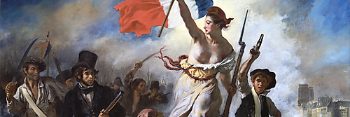 Delacroix’ Gemälde „Die Freiheit führt das Volk“: Eine Frau mit Trikolore führt Aufständische über eine Barrikade.