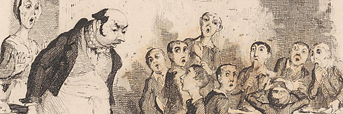 „Oliver Twist steht mit einer Schüssel vor dem Speisemeister des Armenhauses; weitere Jungen sitzen am Tisch.“