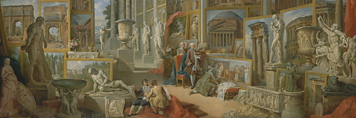 Giovanni Paolo Paninis „Das antike Rom“ zeigt eine imaginäre Galerie mit Gemälden römischer Monumente, antiken Skulpturen und mehreren Besuchern.