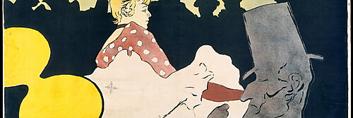 Farbiges Plakat mit roter Schrift, der tanzenden La Goulue, dunklen Zuschauersilhouetten und Valentin le Désossé im Vordergrund.
