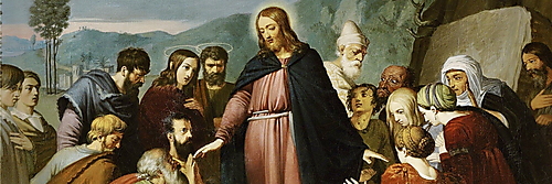 Christus steht über dem in Grabtücher gehüllten Lazarus, umgeben von dessen Schwestern und weiteren Zeugen; links erscheinen Overbeck und Franz Pforr.