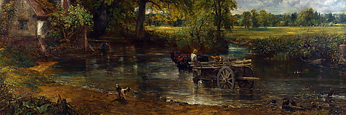 John Constables „Der Heuwagen“: Ein leerer, von Pferden gezogener Wagen durchquert flaches Wasser vor einem Bauernhaus.