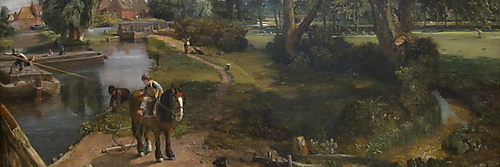 John Constables Flusslandschaft bei Flatford mit zwei Kähnen auf dem Stour und einem Jungen auf einem Pferd am Ufer