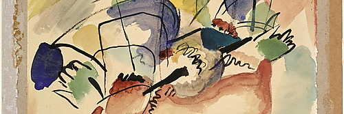 Schwarze Linien und mastähnliche Formen zwischen gelben, roten, grünen und blauen Aquarellflächen.