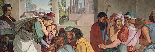Fresko von Peter von Cornelius mit Joseph im hellen Mantel, der Benjamin umarmt, während seine Brüder knien und bewegt reagieren.