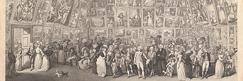 Ein dicht gedrängtes Publikum steht in der Royal Academy zwischen zahlreichen Gemälden, die beinahe lückenlos bis unter die Decke gehängt sind.