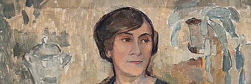 Alt-Text: Expressionistisches Porträt der Künstlerin Gabriele Münter, 1920 gemalt von Agnes Cleve.