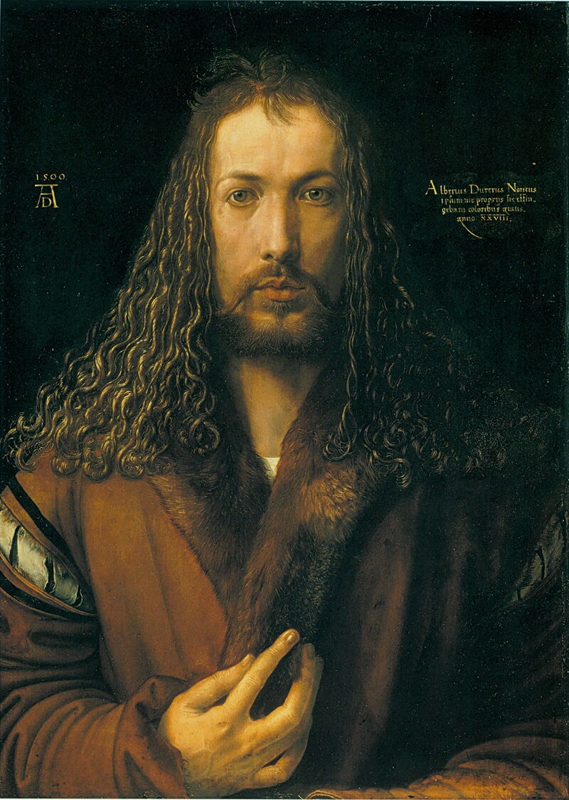 Albrecht Dürer blickt in seinem frontal angelegten Selbstbildnis von 1500 direkt aus dem Bild und hält eine Hand vor seinen pelzbesetzten Rock.