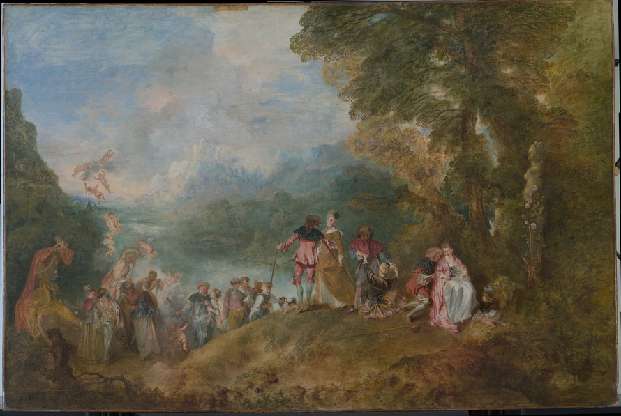 Antoine Watteaus „Einschiffung nach Kythera“ mit elegant gekleideten Paaren, einer Venusstatue und schwebenden Putten in einer Landschaft.