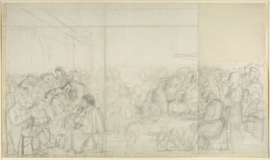 Bleistiftentwurf von Carl Philipp Fohr mit zahlreichen Künstlern in mehreren Gruppen im römischen Café Greco.
