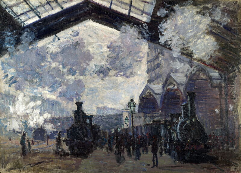 Claude Monet zeigt zwei von Dampf umhüllte Lokomotiven, Reisende und Bahnsteige unter dem Eisen- und Glasdach des Pariser Bahnhofs Saint-Lazare.
