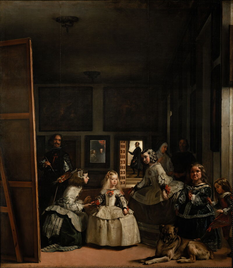 Diego Velázquez steht in Las Meninas links an einer großen Leinwand, während die Infantin Margarita mit Hofangehörigen und Bediensteten den Raum füllt.