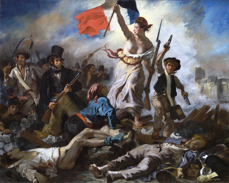 Delacroix’ Gemälde „Die Freiheit führt das Volk“: Eine Frau mit Trikolore führt Aufständische über eine Barrikade.