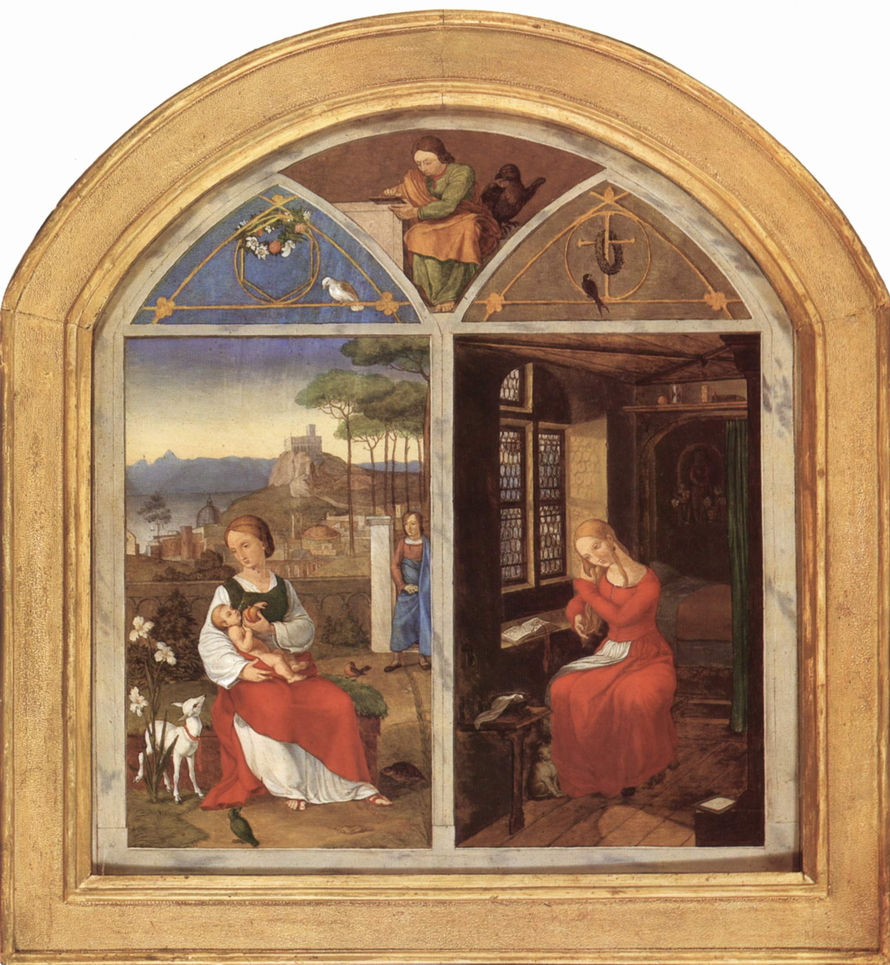 Franz Pforrs Gemälde Sulamith und Maria zeigt Sulamith mit einem Kind in einer südlichen Gartenlandschaft und Maria in einem stillen altdeutschen Innenraum.