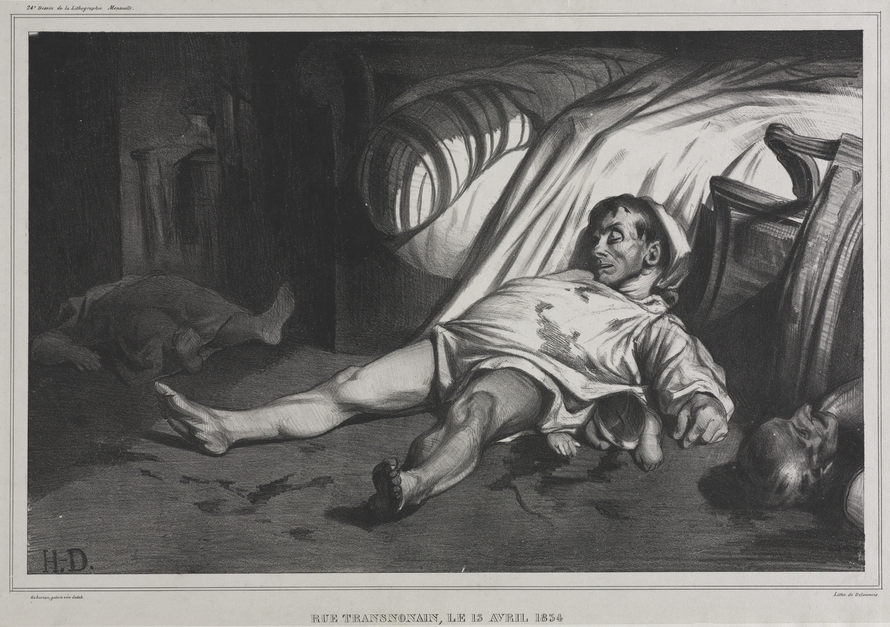 Schwarz-weiße Lithografie: In einem Zimmer liegt ein regloser Mann am Boden; unter ihm ist ein Kind zu erkennen, weitere Menschen liegen am Bildrand.