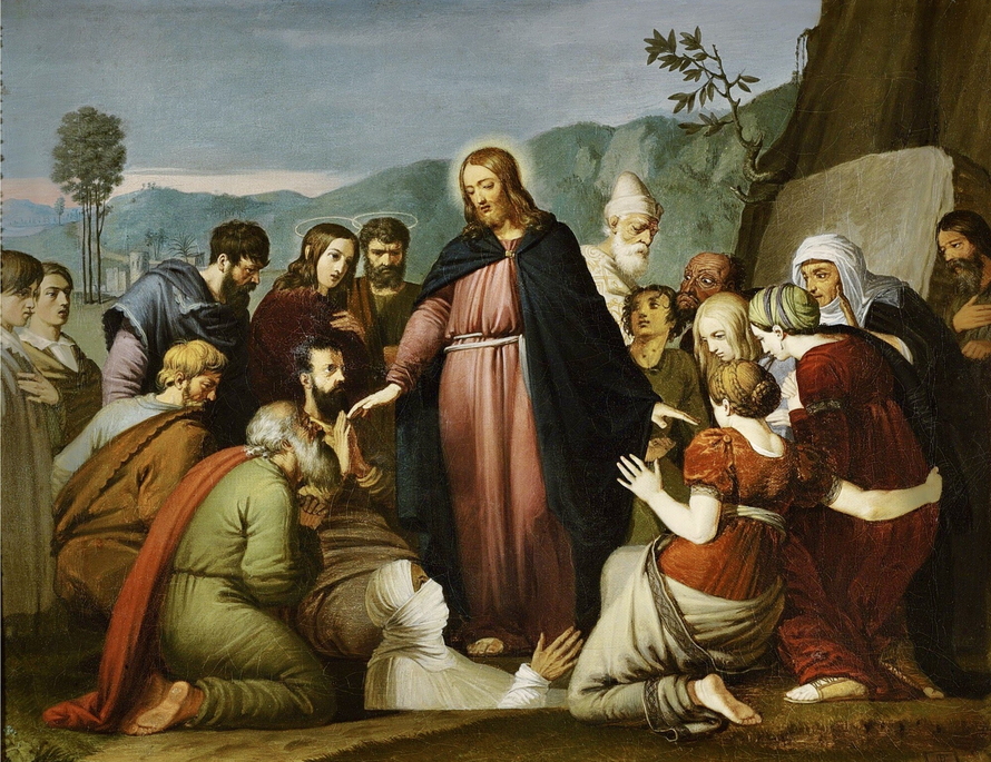 Christus steht über dem in Grabtücher gehüllten Lazarus, umgeben von dessen Schwestern und weiteren Zeugen; links erscheinen Overbeck und Franz Pforr.