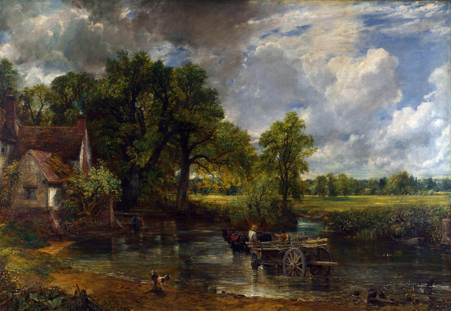 John Constables „Der Heuwagen“: Ein leerer, von Pferden gezogener Wagen durchquert flaches Wasser vor einem Bauernhaus.