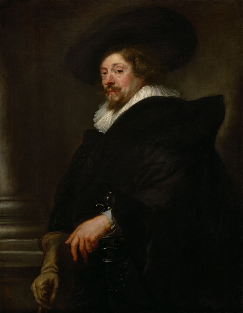 Peter Paul Rubens in schwarzer Kleidung und breitkrempigem Hut; eine Hand ruht am Schwert, hinter ihm steht eine Säule im dunklen Raum.