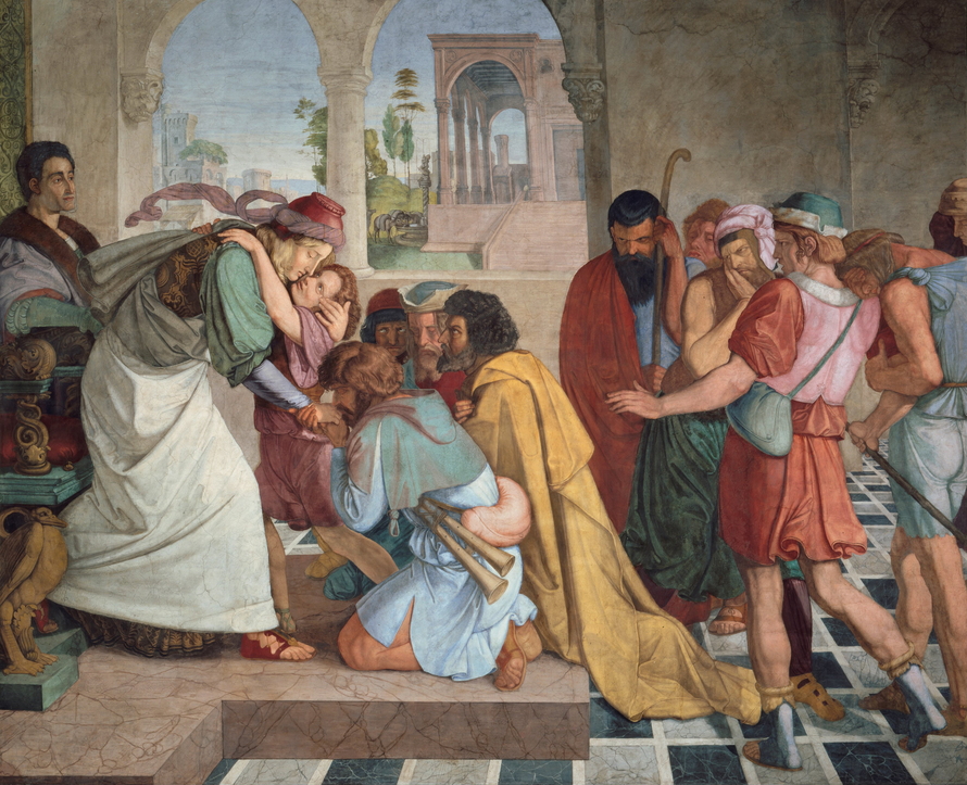 Fresko von Peter von Cornelius mit Joseph im hellen Mantel, der Benjamin umarmt, während seine Brüder knien und bewegt reagieren.