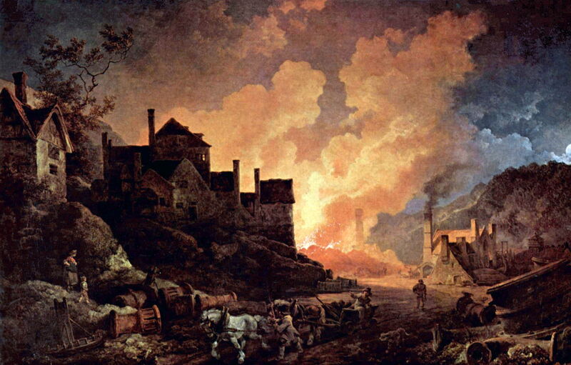Nächtliche Industrielandschaft mit glühenden Hochöfen, dichtem Rauch, Arbeitern und einem Pferdewagen bei Coalbrookdale.