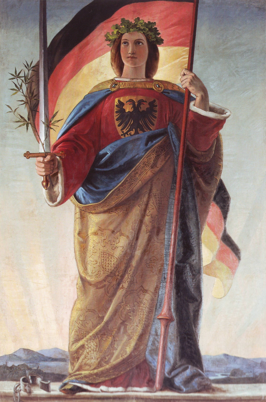 Stehende Germania mit schwarz-rot-goldener Fahne, Schwert und Ölzweig; zu ihren Füßen liegen gesprengte Ketten, hinter ihr geht die Sonne auf.