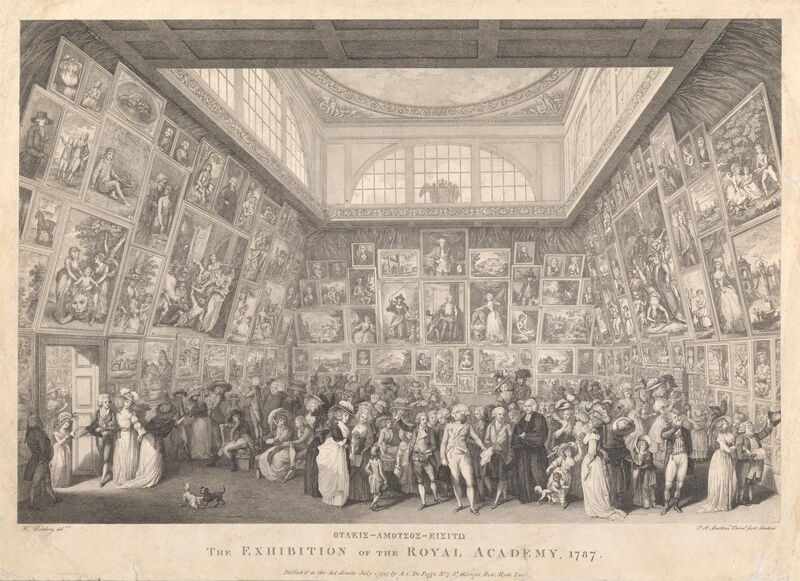 Ein dicht gedrängtes Publikum steht in der Royal Academy zwischen zahlreichen Gemälden, die beinahe lückenlos bis unter die Decke gehängt sind.