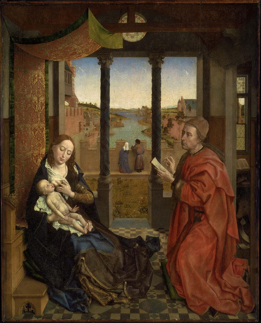 Der heilige Lukas kniet rechts und zeichnet die links sitzende Maria, die das Jesuskind stillt; dahinter öffnen sich Garten, Stadt und Flusslandschaft.