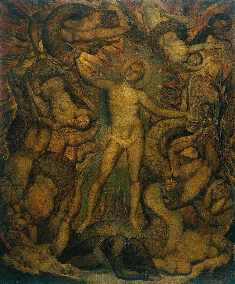 William Blakes visionäre Darstellung Admiral Nelsons als leuchtende Gestalt über dem gewundenen Meeresungeheuer Leviathan